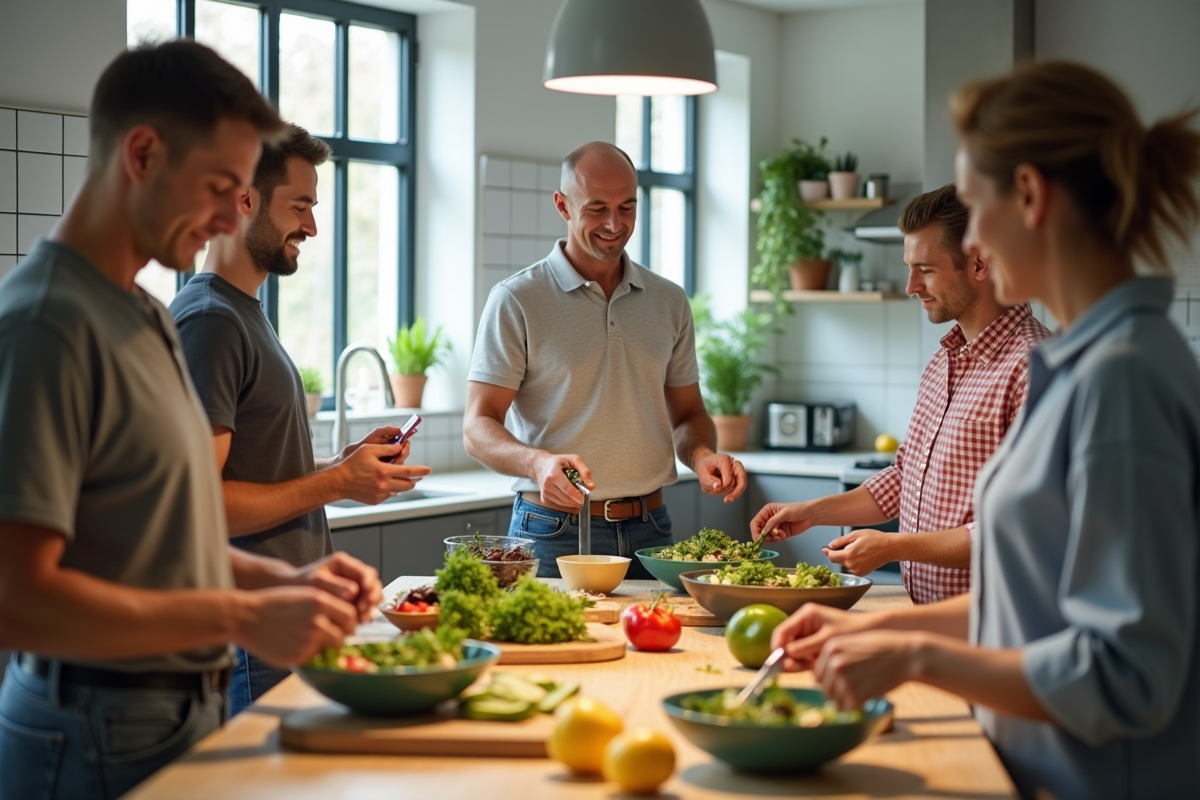 Groupe participant préparant une salade dans une cuisine lumineuse