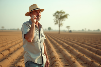 Homme en été dans un champ sec et parched