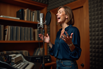 Femme chante en studio avec microphone et acoustique