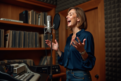 Femme chante en studio avec microphone et acoustique