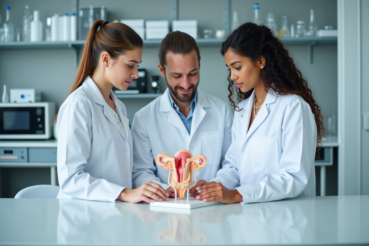 Scientifiques discutant autour d un modele de placenta en laboratoire