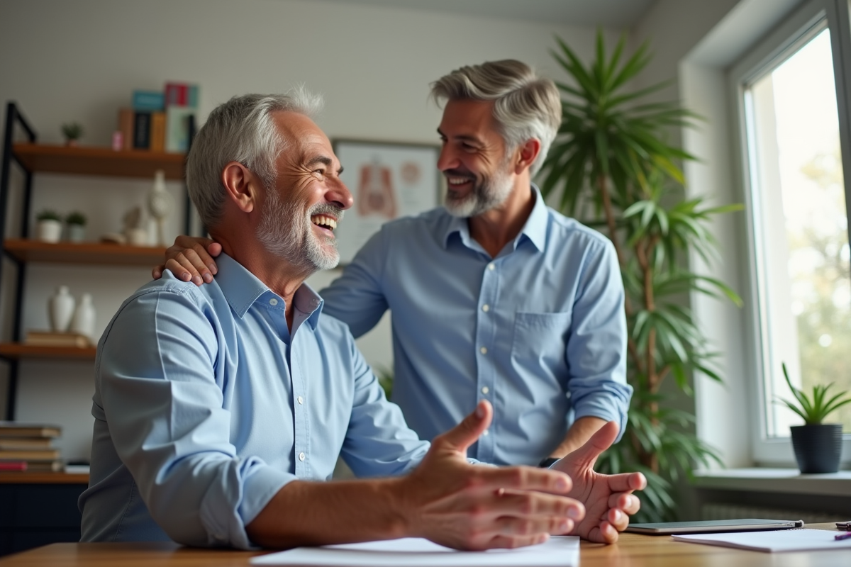 Homme souriant en consultation avec un osteopathe à domicile