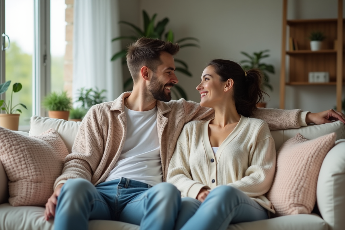 Jeune couple assis sur un canapé dans un salon cosy