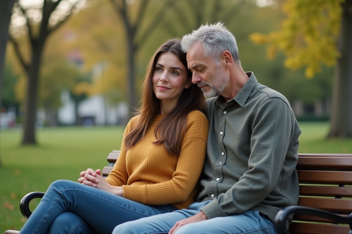 Couple assis sur un banc dans un parc calme
