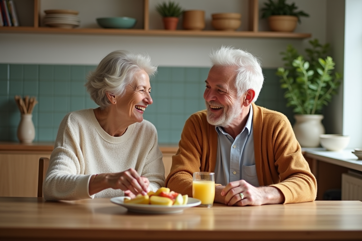 Couple âgé partageant un repas dans la cuisine