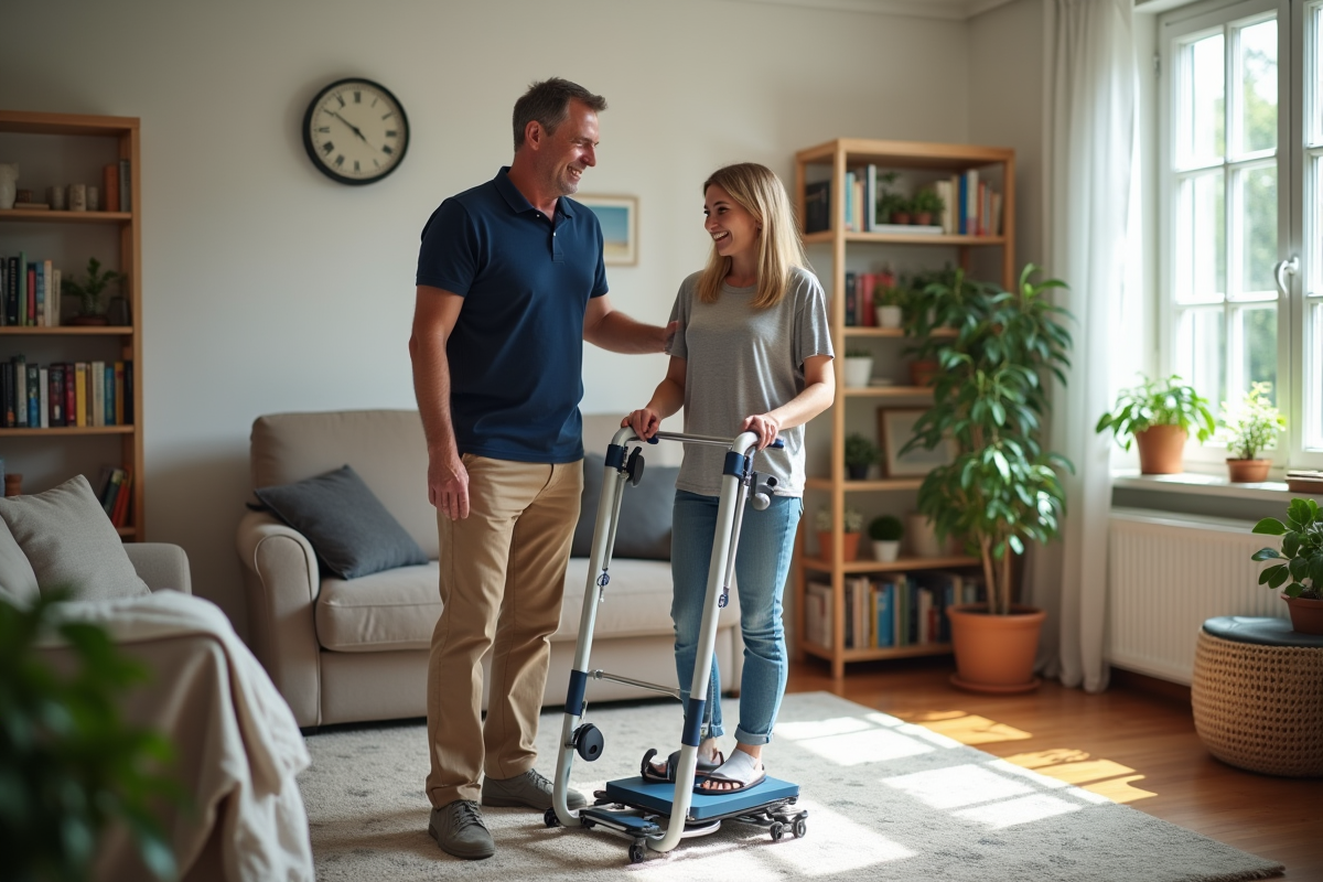 Kinésithérapeute montrant un dispositif de transfert à une jeune femme