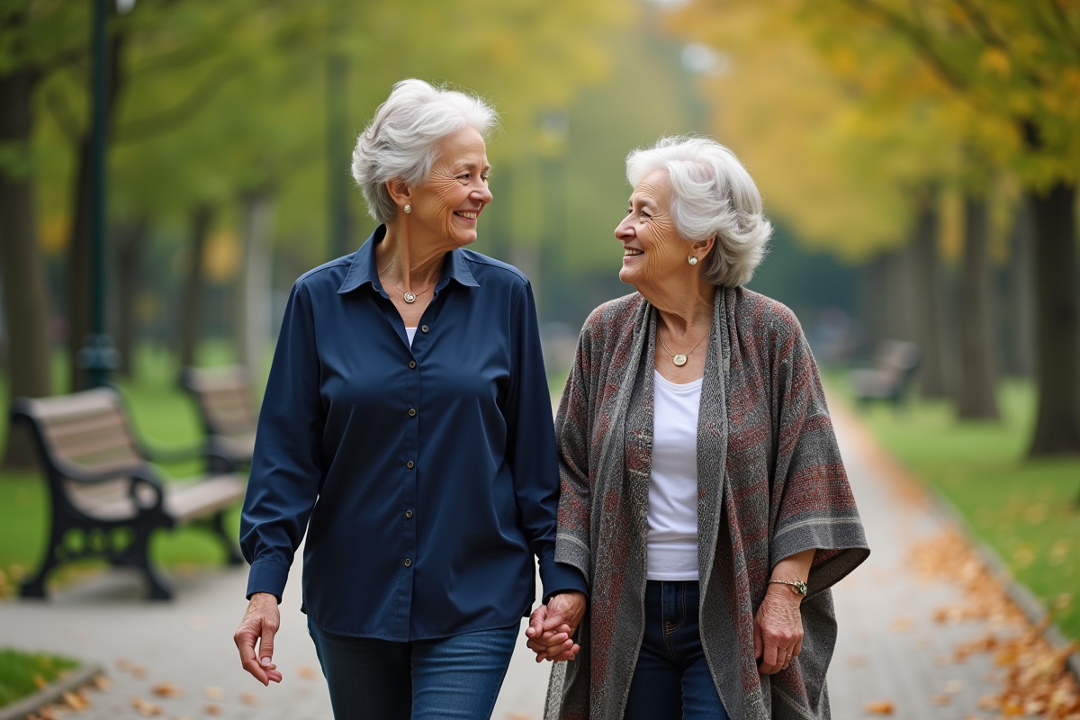 Deux femmes âgées se promenant dans un parc en discutant