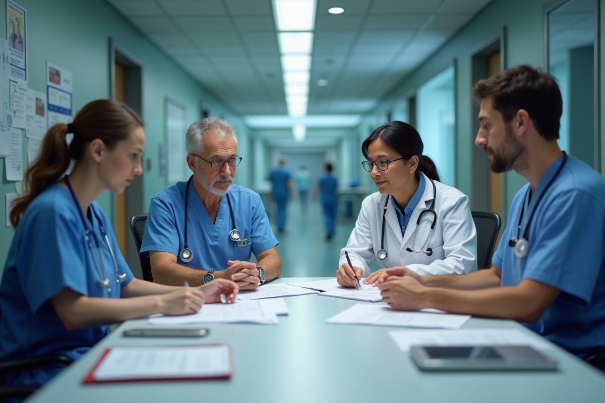 Equipe multidisciplinaire medecins en reunion de travail