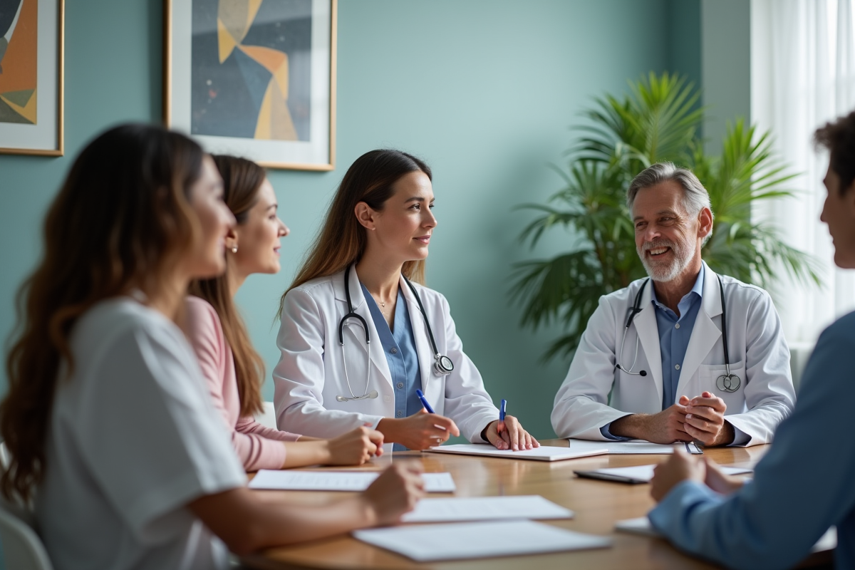 Equipe de soins palliatifs en réunion dans une salle moderne