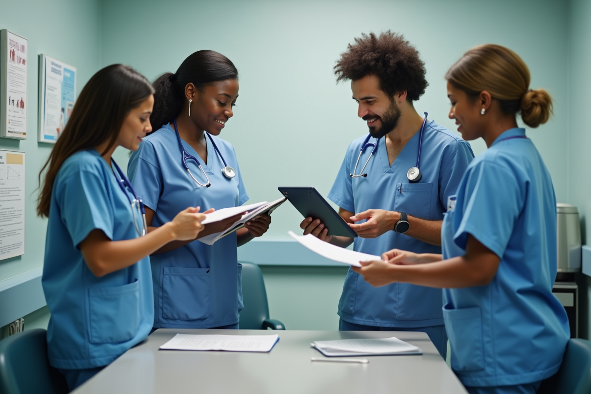Équipe soignante en discussion dans une salle de repos