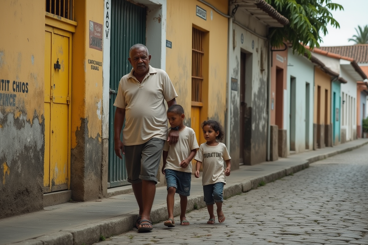 Famille marchant dans une rue coloniale au Brésil avec panneau de quarantaine