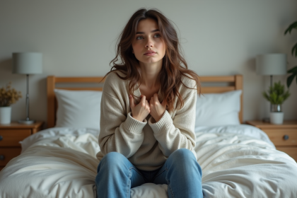 Jeune femme anxieuse assise sur le lit dans une chambre douce