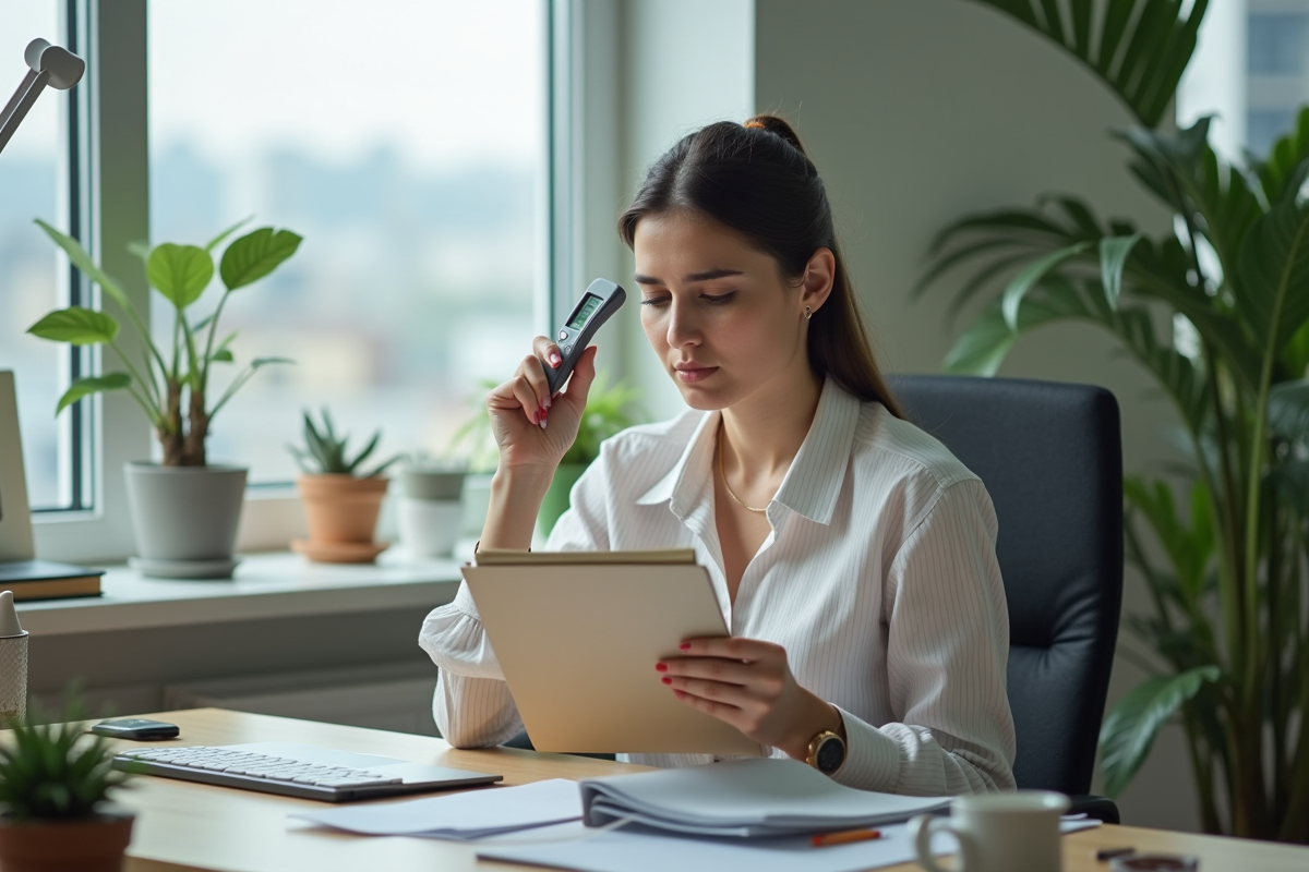 Femme au bureau se rafraichissant avec un thermometre