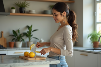 Femme coupant un citron dans une cuisine moderne pour une vie saine