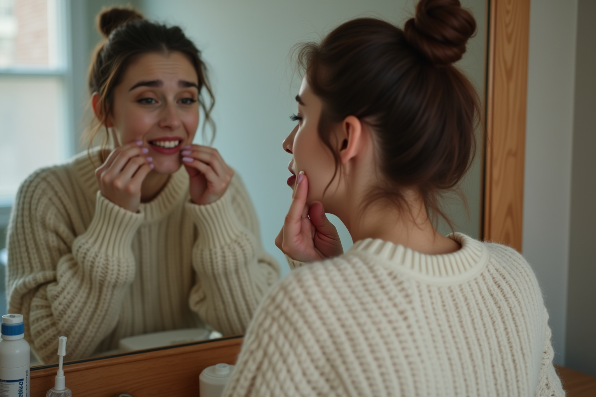 Jeune femme regardant ses dents dans un miroir à la maison