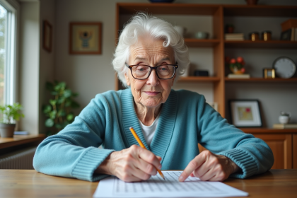 Femme âgée lisant un mot croisé dans la cuisine