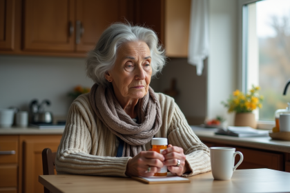 Femme âgée lisant une ordonnance dans la cuisine chaleureuse