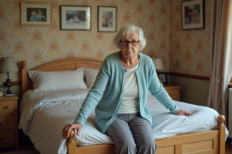 Femme âgée assise sur le lit avec expression anxieuse