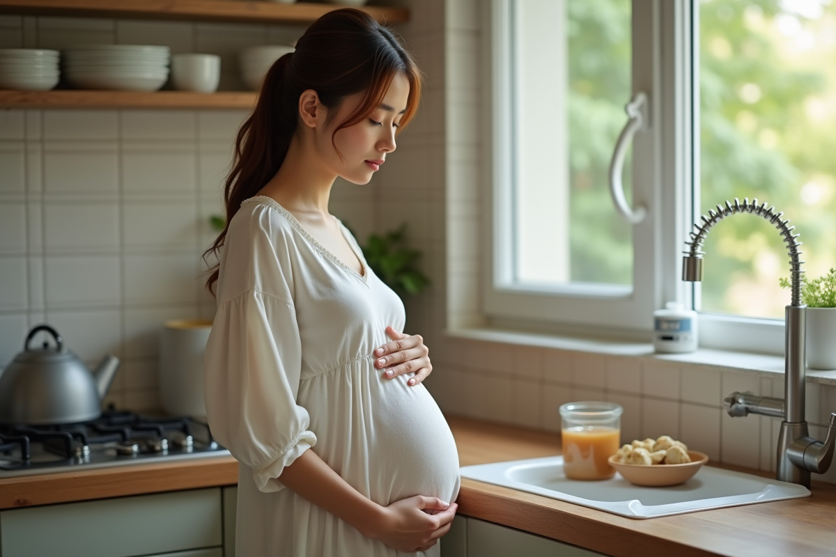 Femme enceinte debout dans la cuisine en pleine réflexion