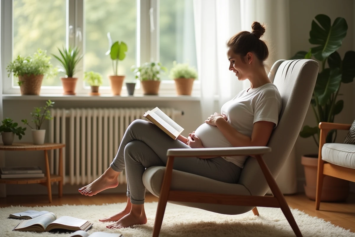 Femme enceinte lisant dans un salon lumineux