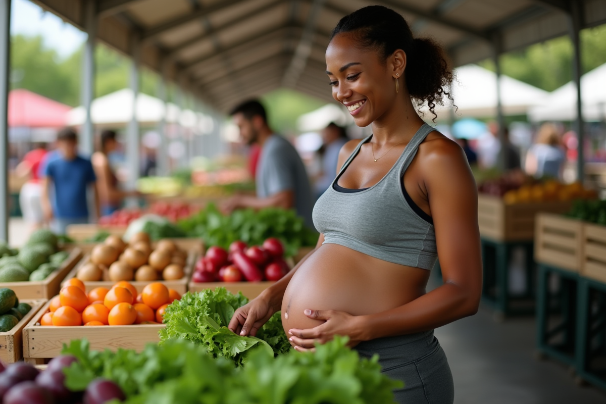 Femme enceinte achetant des produits frais au marché