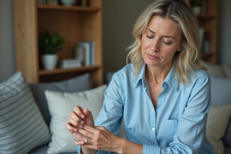 Femme examinant une éruption cutanée sur son bras