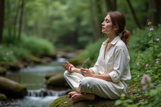 Femme assise dans la forêt avec une branche de romarin