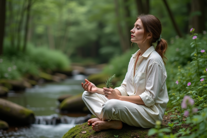 Femme assise dans la for&ecirc;t avec une branche de romarin