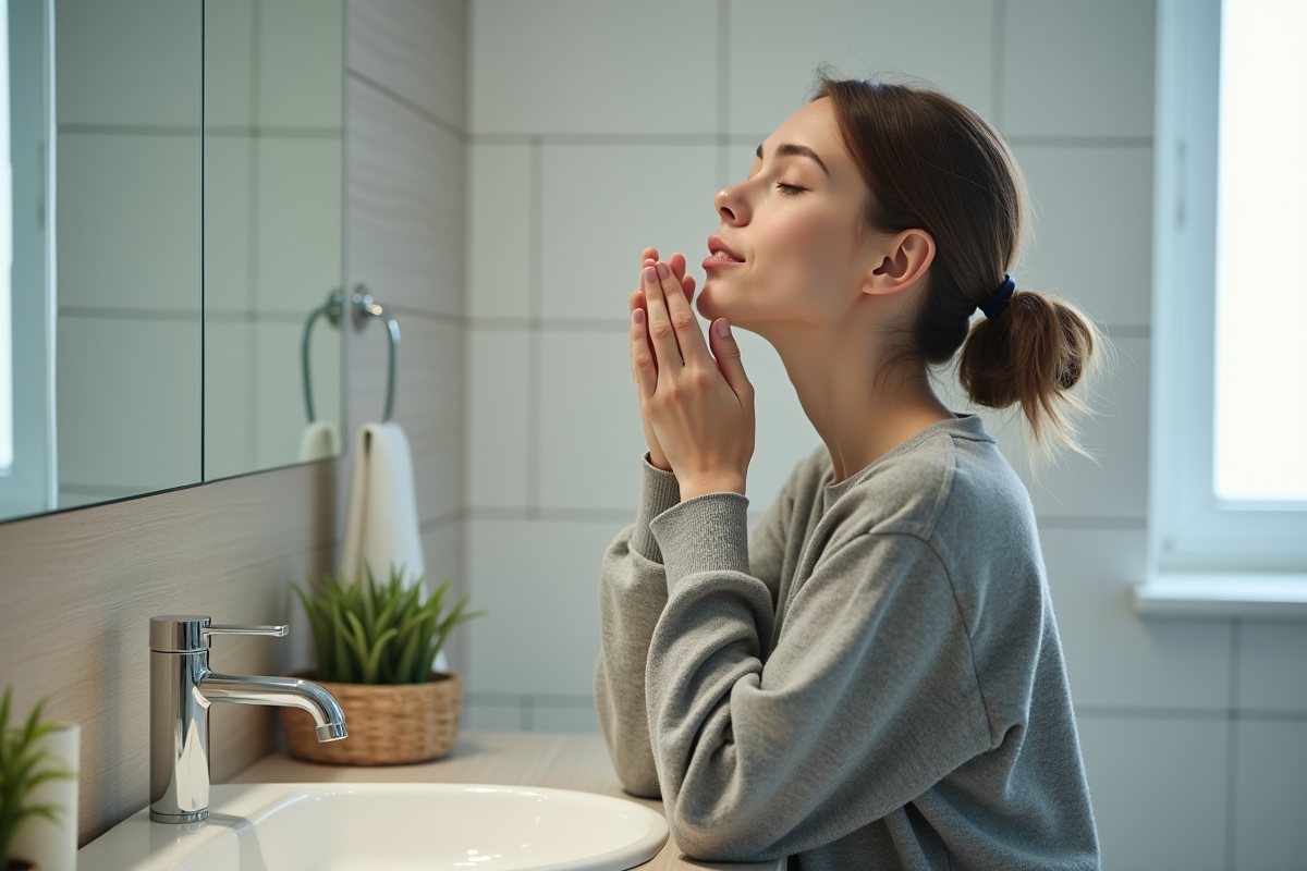 Jeune femme se gargarise dans la salle de bain