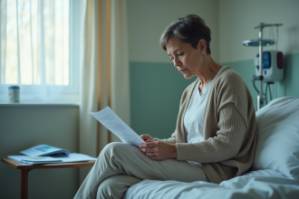 Femme d'âge moyen dans un lit d'hôpital lit un rapport médical