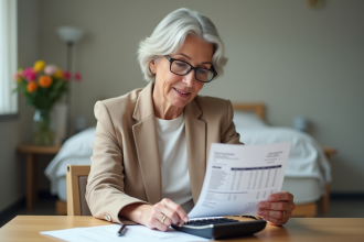 Femme d age moyen examinant une facture dans une chambre d hospital