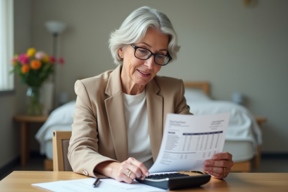 Femme d age moyen examinant une facture dans une chambre d hospital