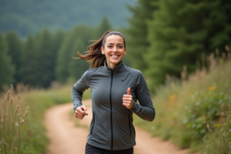 Femme en jogging dans la forêt avec sourire naturel