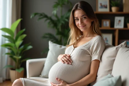 Femme enceinte souriante dans un int&eacute;rieur calme et chaleureux