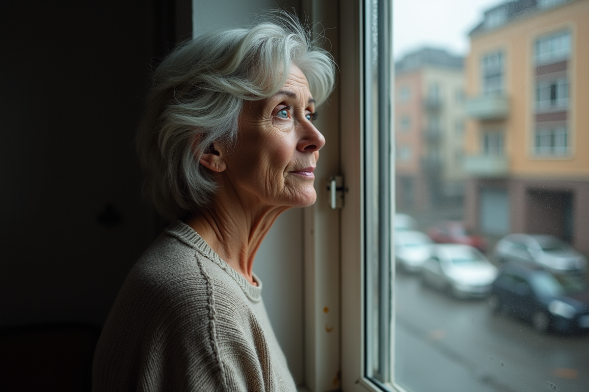 Femme pensant regardant par une fenêtre dans un appartement