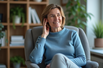 Femme assise dans un bureau moderne se massant le cou