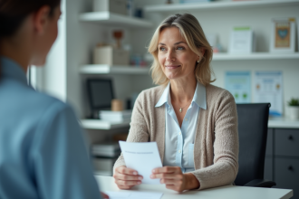 Femme d'âge moyen avec carte de vaccination dans un cabinet médical