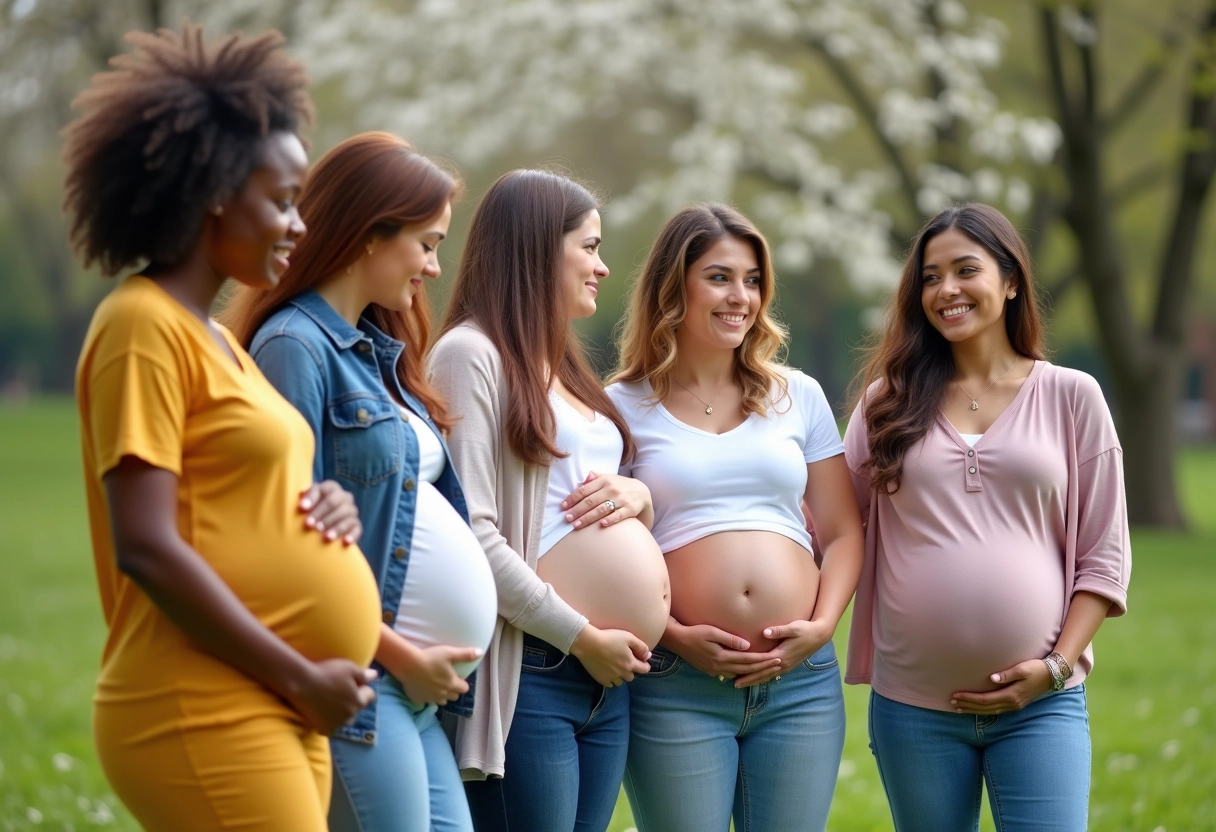 Groupe de femmes enceintes dans un parc fleuri en discussion