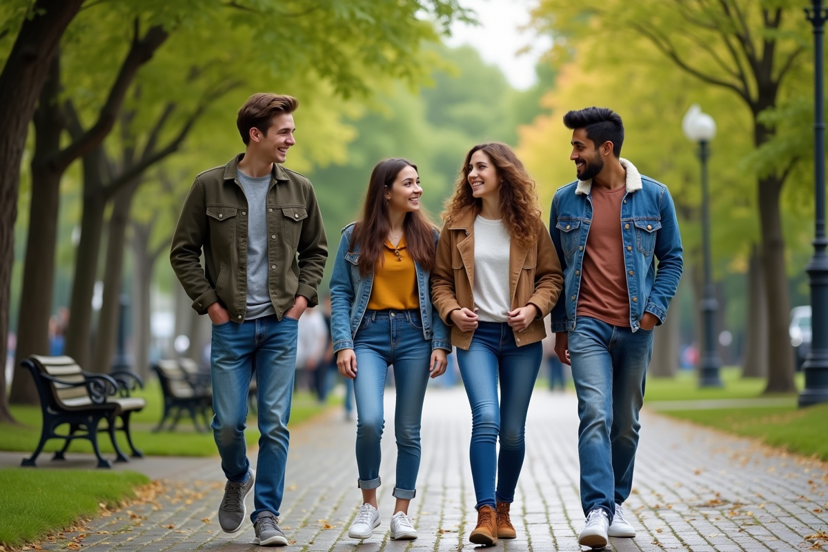Groupe de quatre adolescents discutant dans un parc urbain