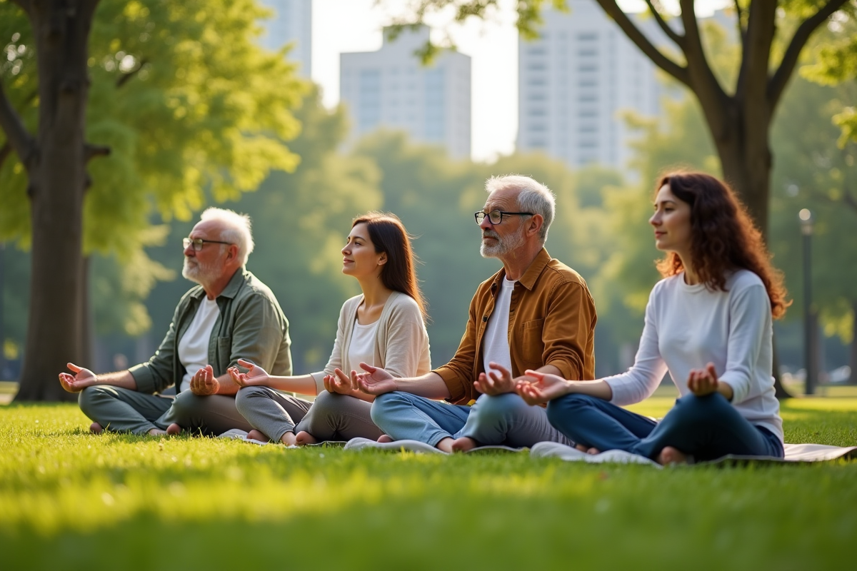 Groupe divers pratiquant la pleine conscience dans un parc