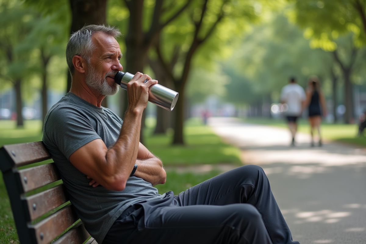 Homme en tenue sportive buvant dans un parc urbain