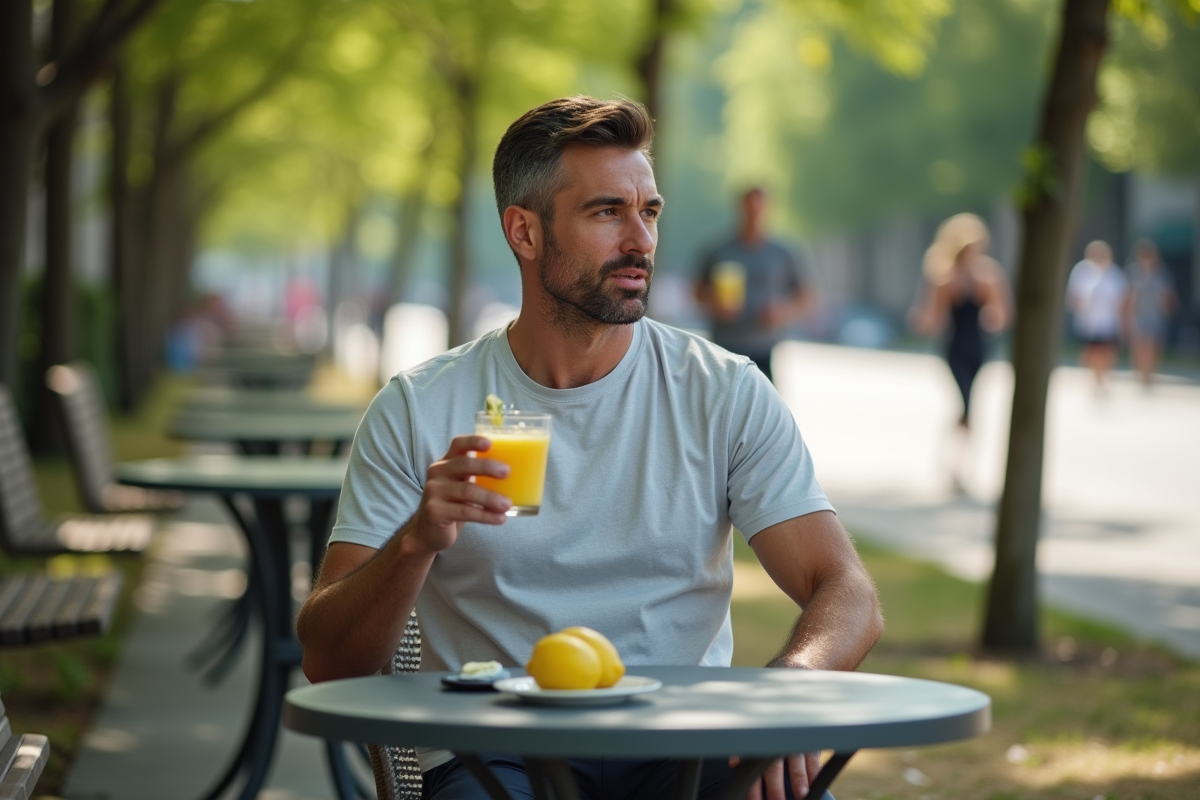 Homme buvant une eau citronnée en extérieur dans un parc urbain