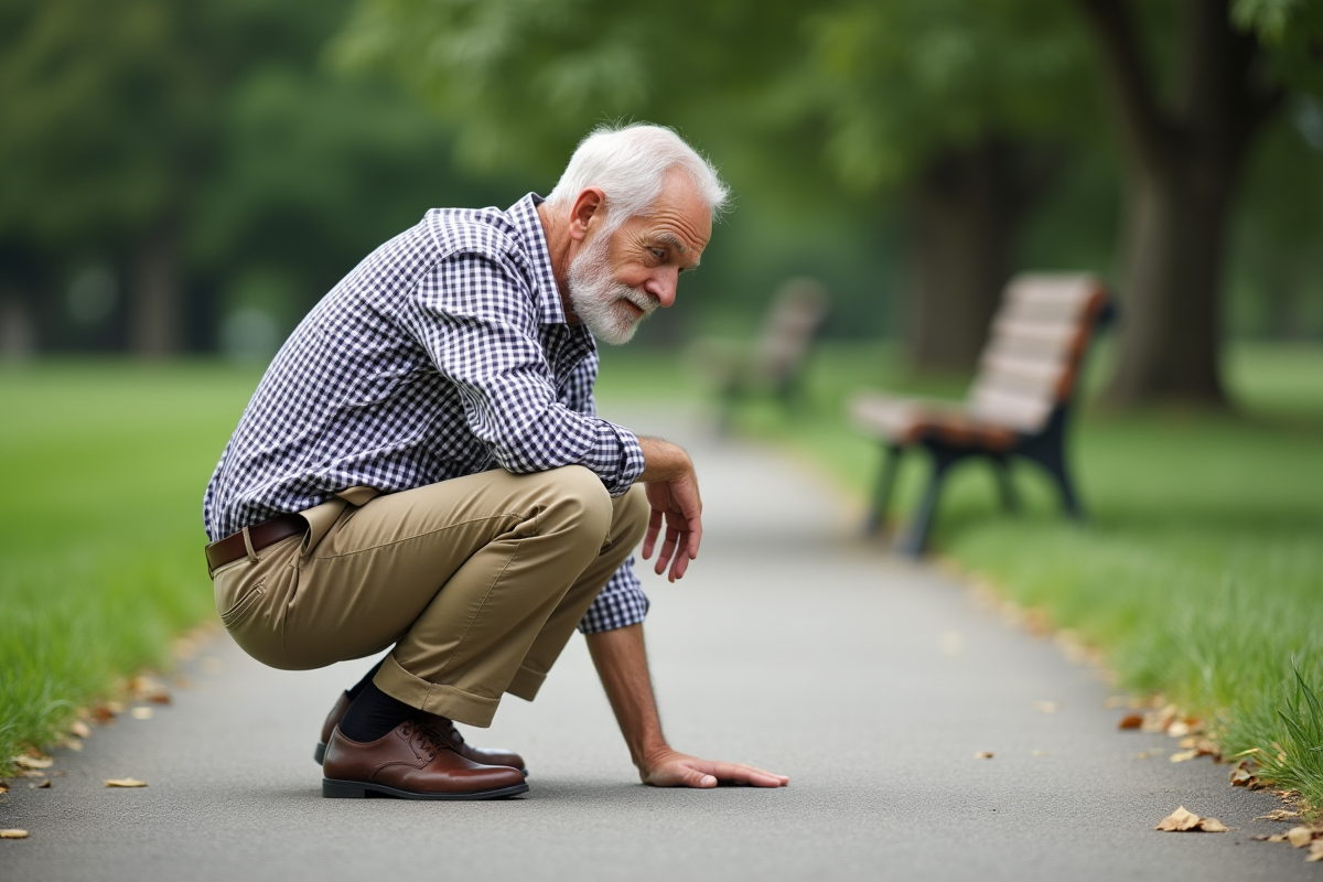 Homme âgé assis sur un chemin de parc après une chute