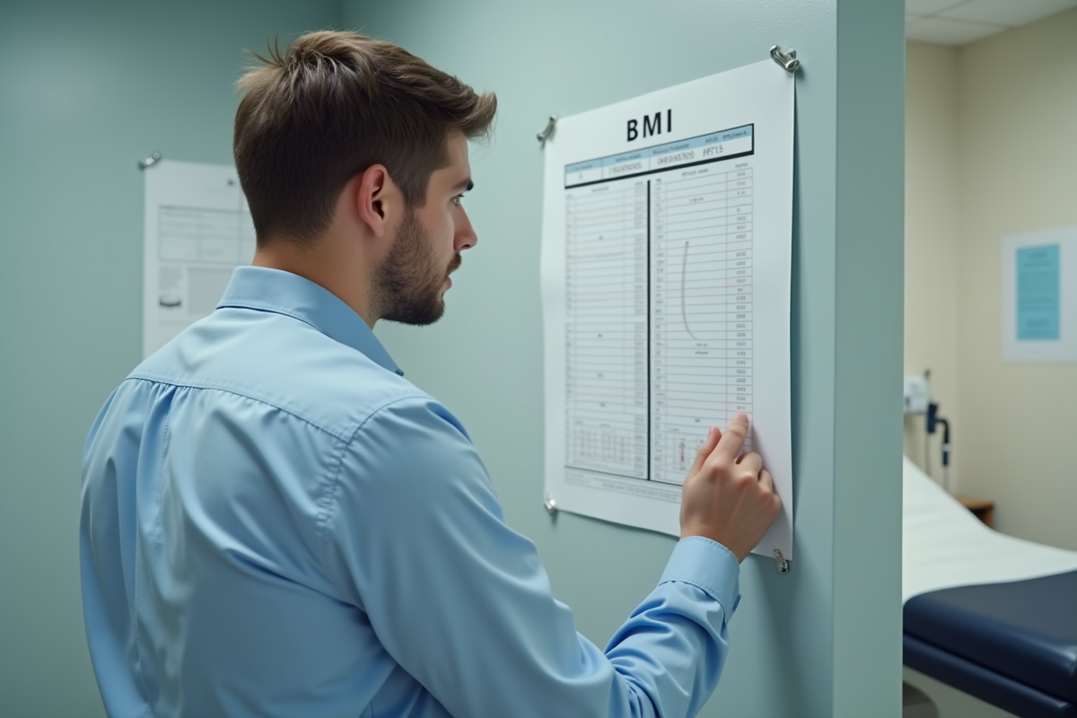Jeune homme examinant un graphique BMI dans un cabinet médical