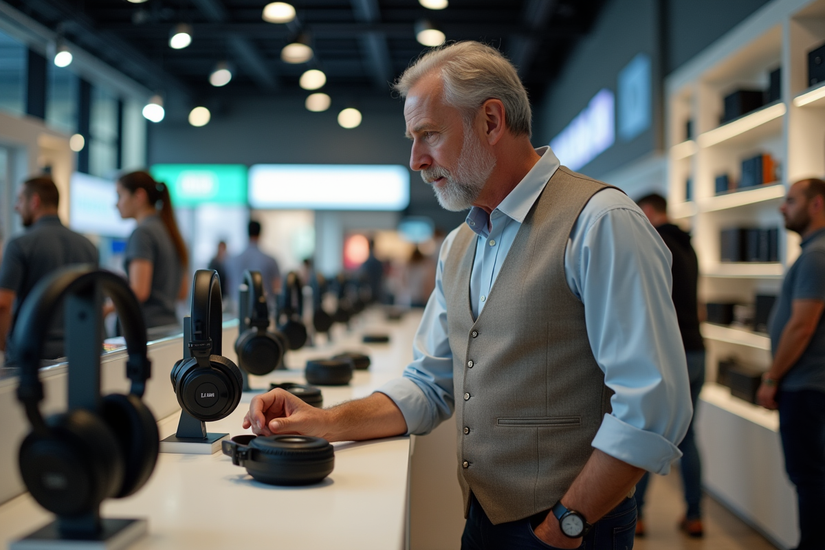Homme en magasin d’électronique testant différents modèles d’écouteurs