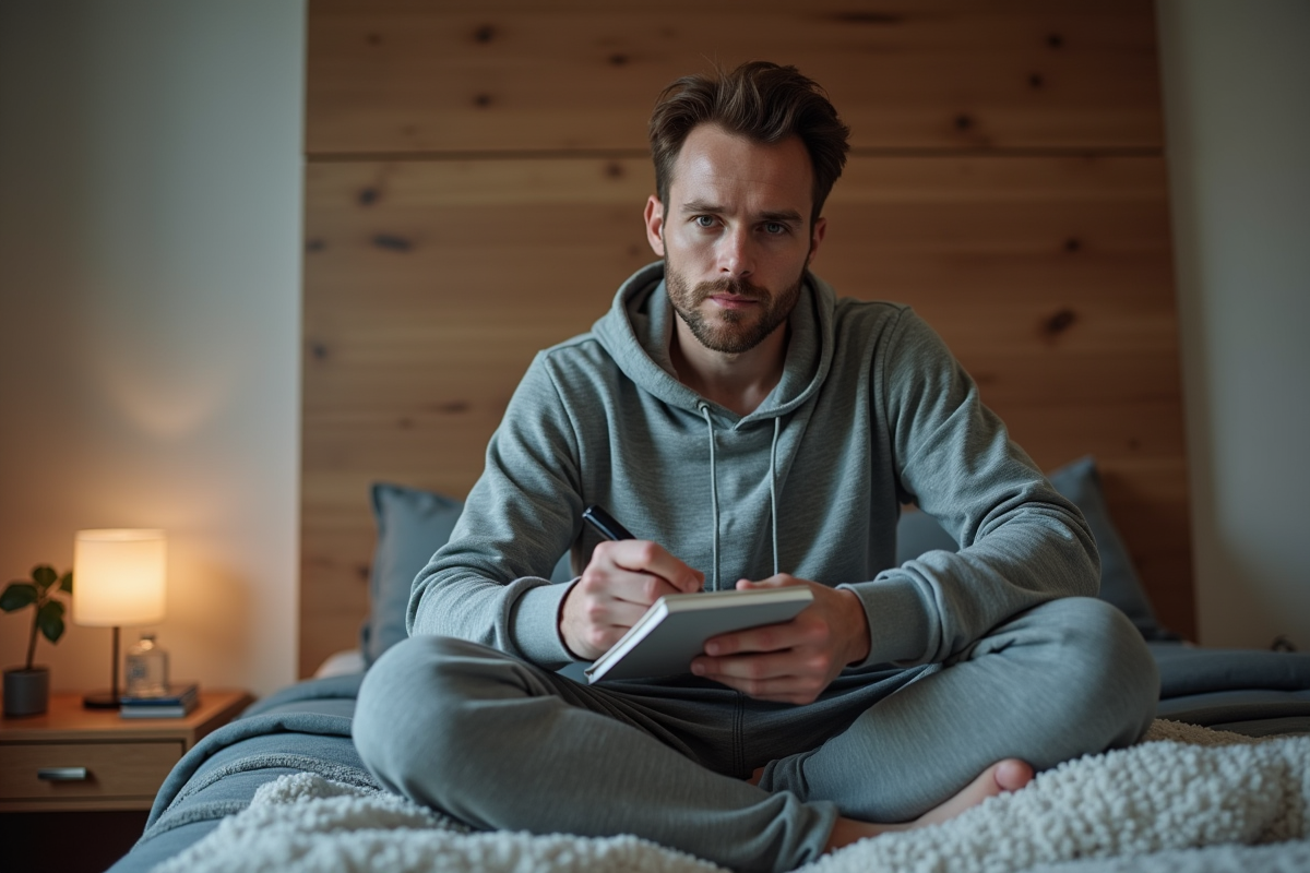 Homme assis sur le lit en notant son poids dans une chambre chaleureuse