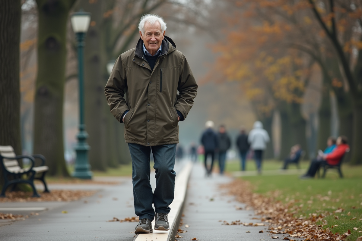 Homme âgé marchant sur une poutre d