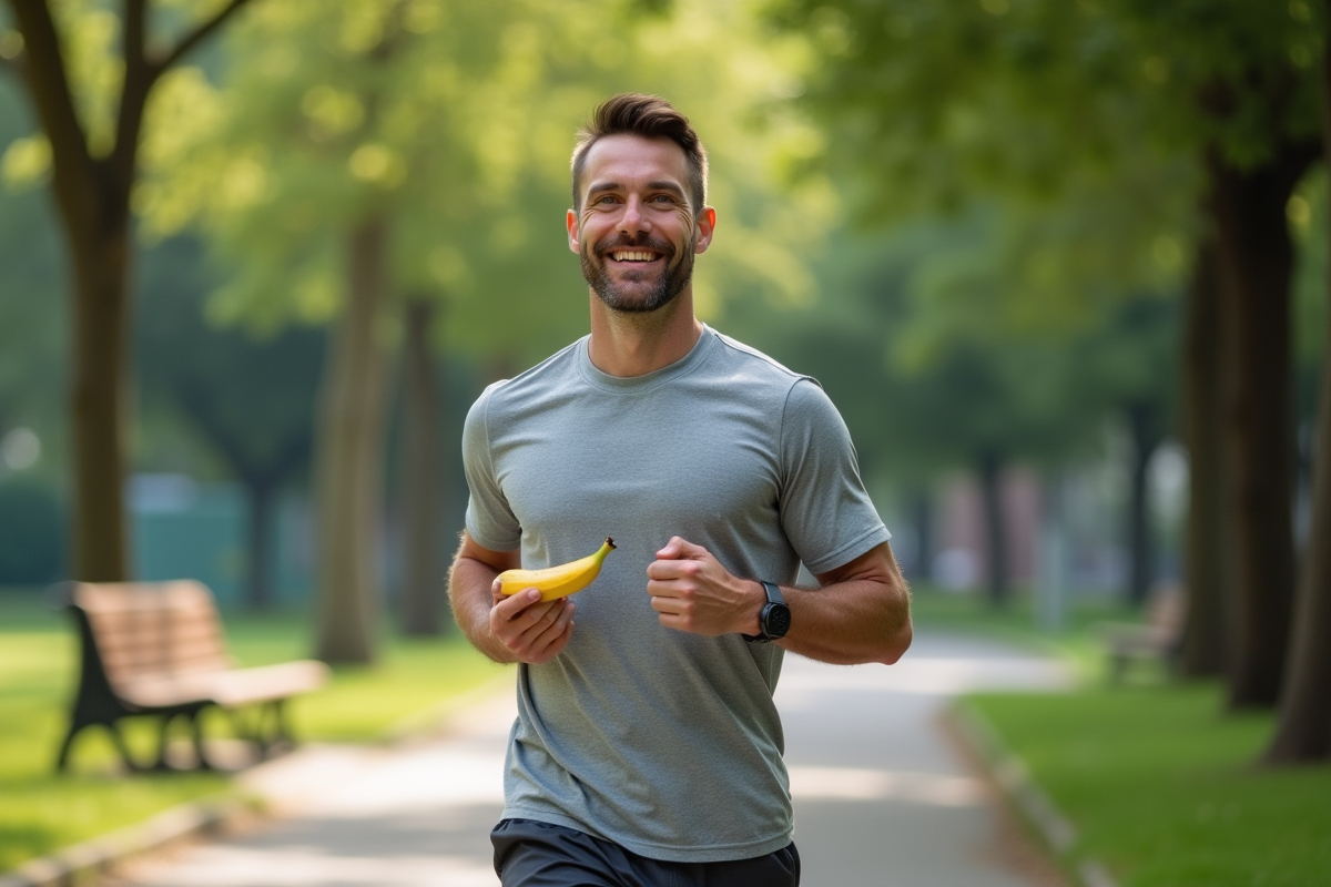 Homme en tenue de sport mangeant une banane dans le parc