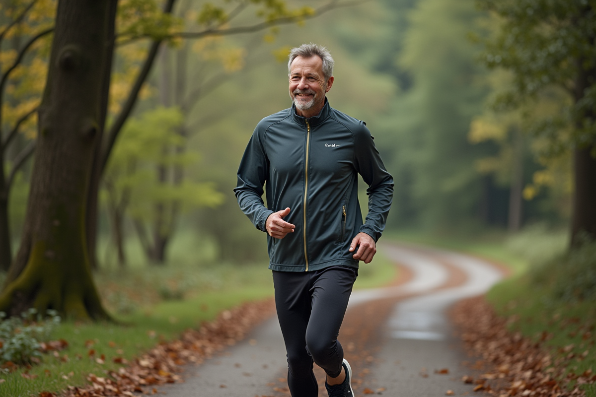 Homme en tenue de sport courant dans une forêt paisible