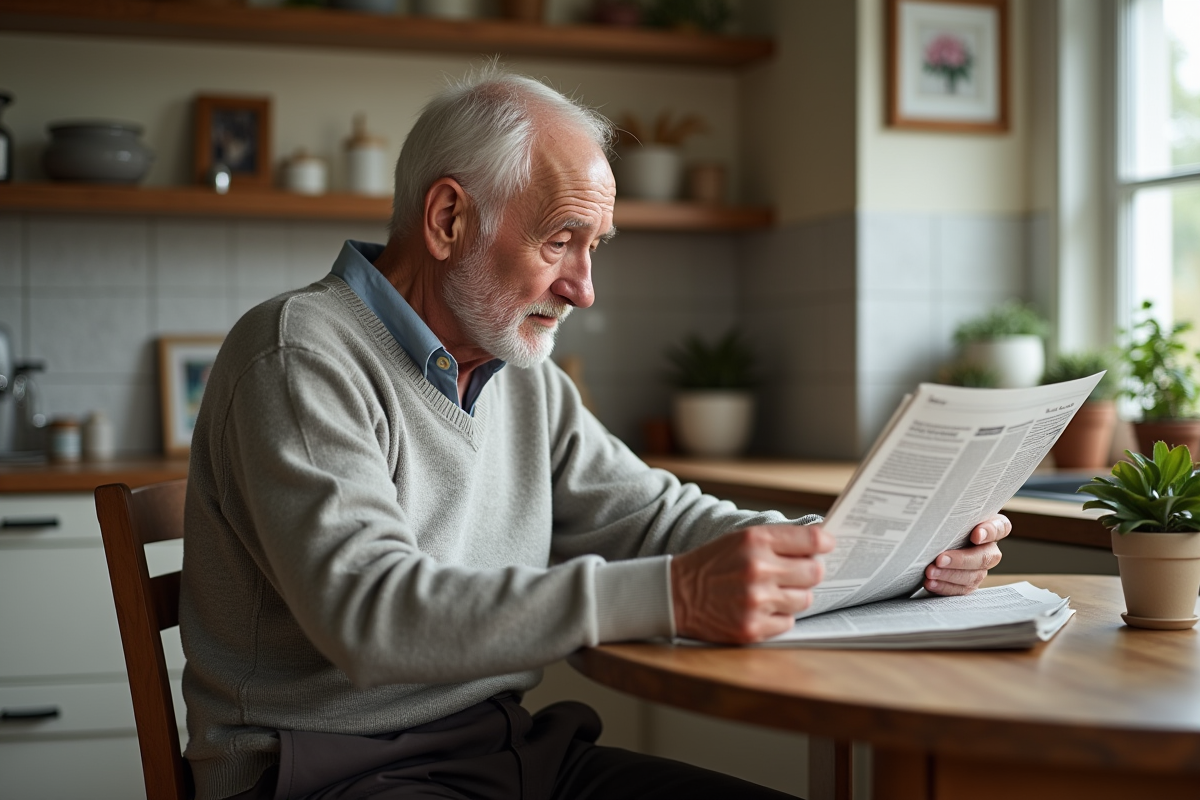 Homme âgé lisant un journal à la maison dans une cuisine chaleureuse